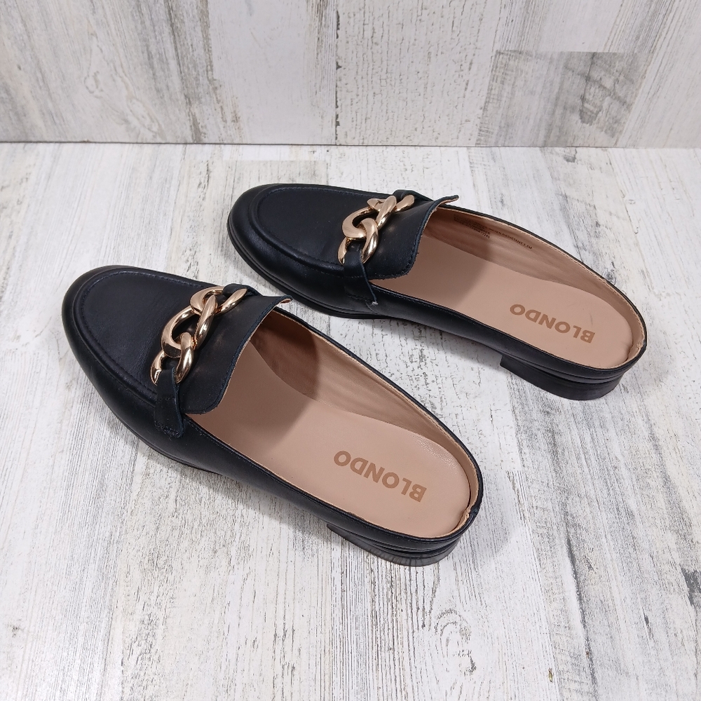 Blondo Bryce Women's Black Leather Mules with Gold Chain #1013 - Picture 8 of 11